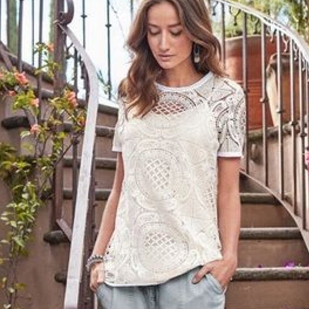 Sundance Cream Lace Crochet Short Sleeve Blouse
